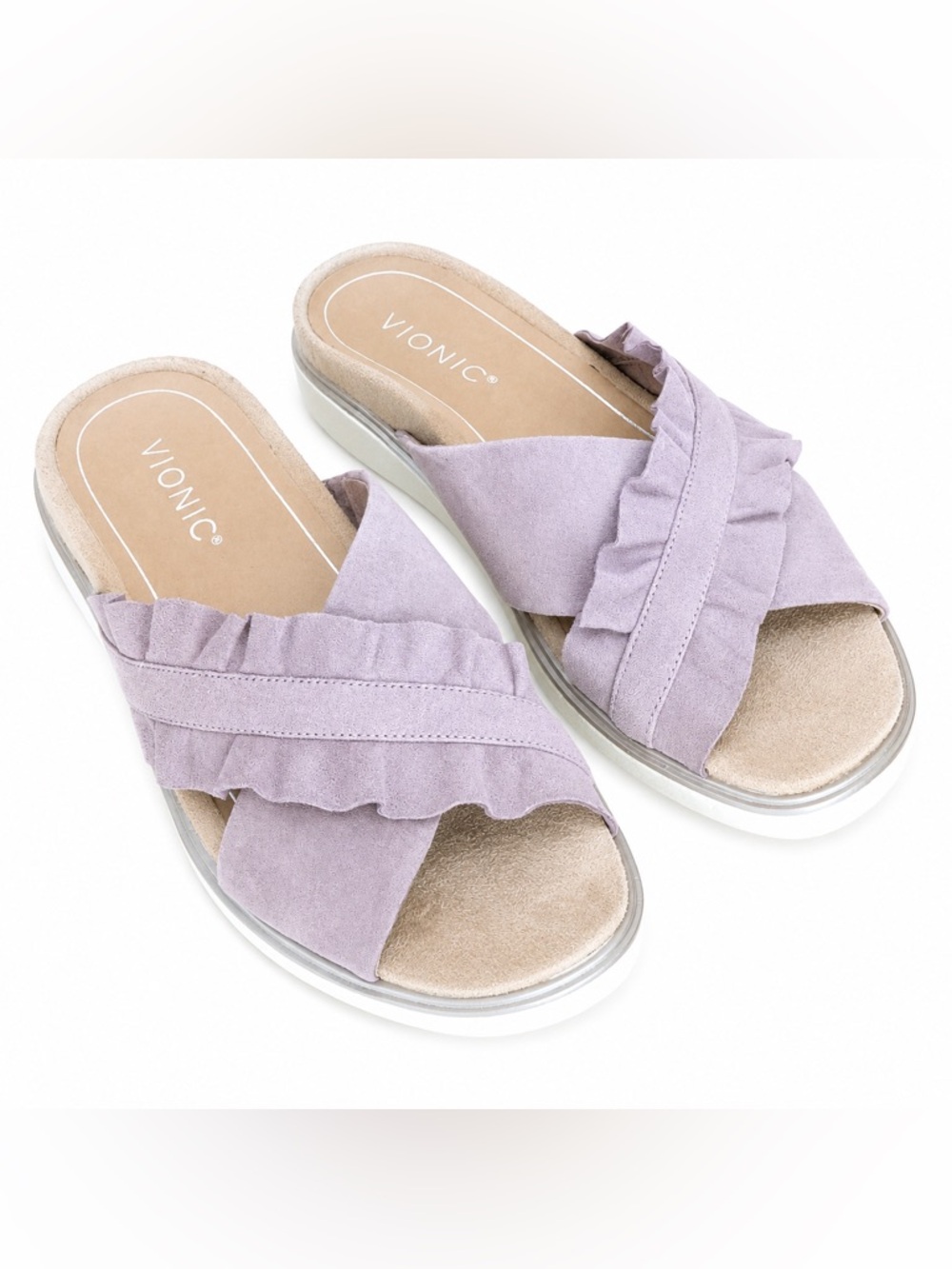 Vionic Azalea Ruffle Slide Sandals Pink Mauve Suede Comfort Size 6.5 NWOB